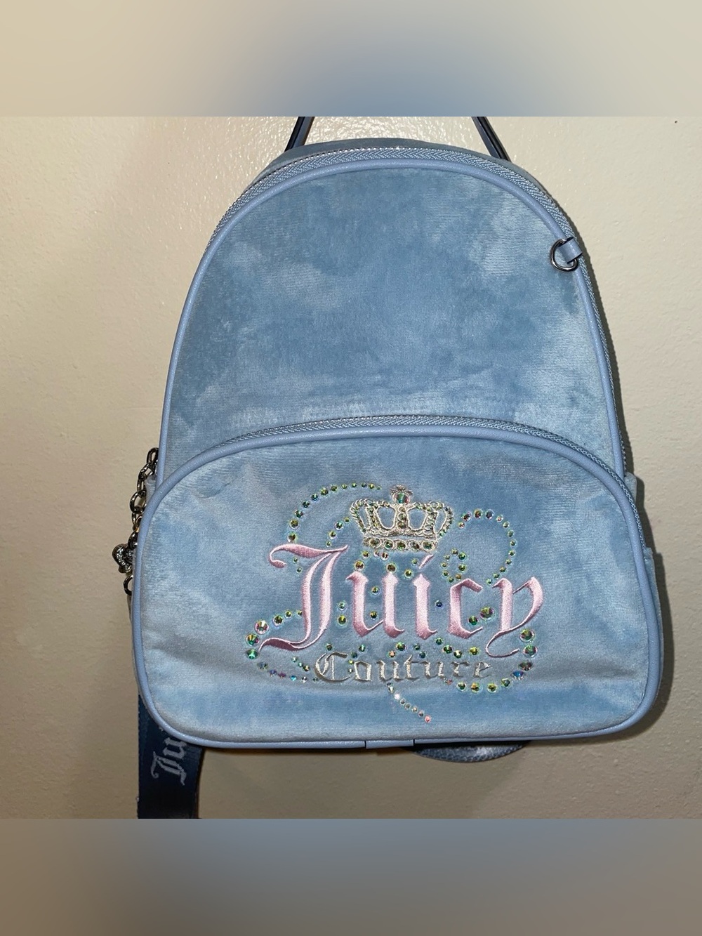 Juicy Couture Pastel Blue Velvet Mini Backpack with Embroidered Logo